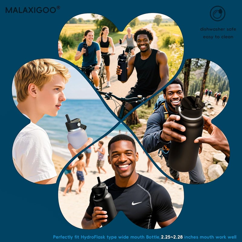 MALAXIGOO غطاء قشة لزجاجة هيدرو فلاسک ذات الفم العريض، أغطية مع قشة لزجاجة هيدرو فلاسک 12 16 18 20 32 40 أونصة ذات الفم العريض، غطاء قشة بديل لزجاجة هيدرو فلاسک، غطاء زجاجة رياضية علوي - Image 5